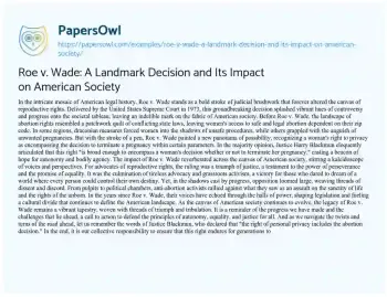 Essay on Roe V. Wade: a Landmark Decision and its Impact on American Society