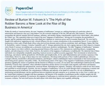 Essay on Review of Burton W. Folsom Jr.’s ‘The Myth of the Robber Barons: a New Look at the Rise of Big Business in America’