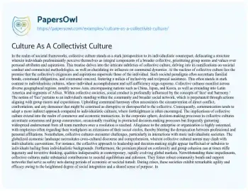 Essay on Culture as a Collectivist Culture