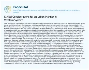 Essay on Ethical Considerations for an Urban Planner in Western Sydney