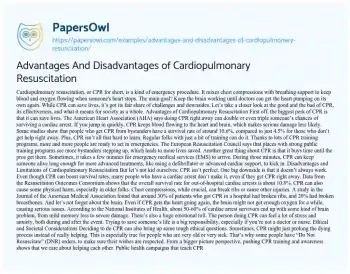 Essay on Advantages and Disadvantages of Cardiopulmonary Resuscitation