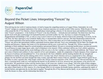 Essay on Beyond the Picket Lines: Interpreting “Fences” by August Wilson