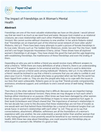 Essay on The Impact of Friendships on a Woman’s Mental Health