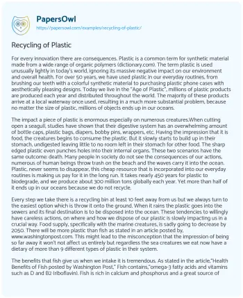 Essay on Recycling of Plastic