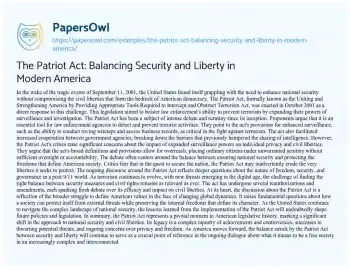 Essay on The Patriot Act: Balancing Security and Liberty in Modern America