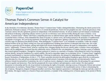 Essay on Thomas Paine’s Common Sense: a Catalyst for American Independence