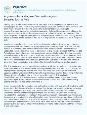 Essay on Arguments for and against Vaccination against Diseases such as Polio