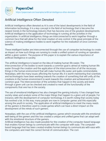 Essay on Artificial Intelligence Often Denoted