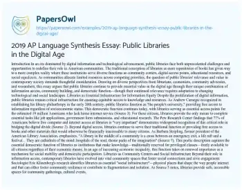 Essay on 2019 AP Language Synthesis Essay: Public Libraries in the Digital Age