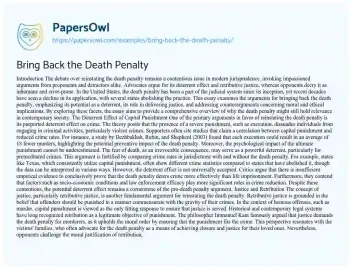 Essay on Bring Back the Death Penalty