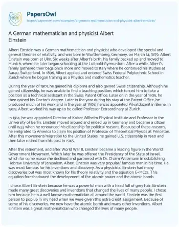 Essay on A German Mathematician and Physicist Albert Einstein