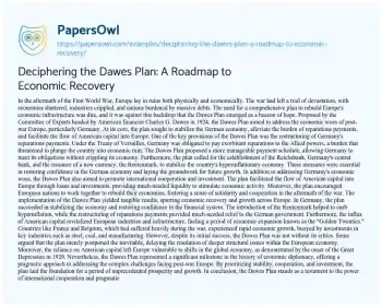 Essay on Deciphering the Dawes Plan: a Roadmap to Economic Recovery