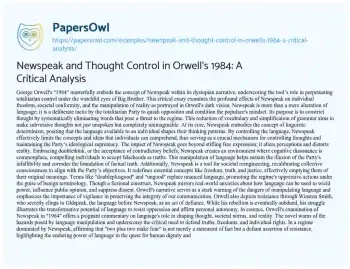 Essay on Newspeak and Thought Control in Orwell’s 1984: a Critical Analysis