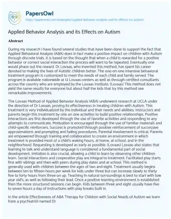 Essay on Applied Behavior Analysis and its Effects on Autism