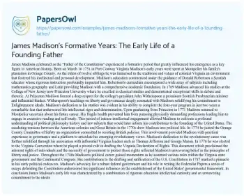 Essay on James Madison’s Formative Years: the Early Life of a Founding Father