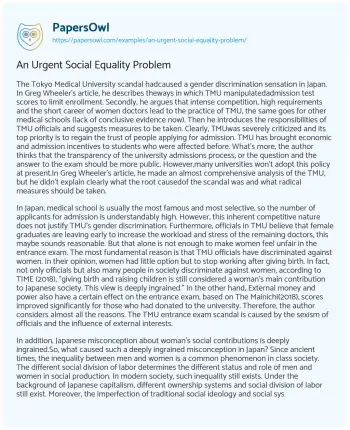 Essay on An Urgent Social Equality Problem