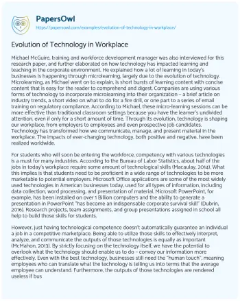 Essay on Evolution of Technology in Workplace