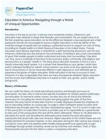 Essay on Education in America: Navigating through a World of Unequal Opportunities