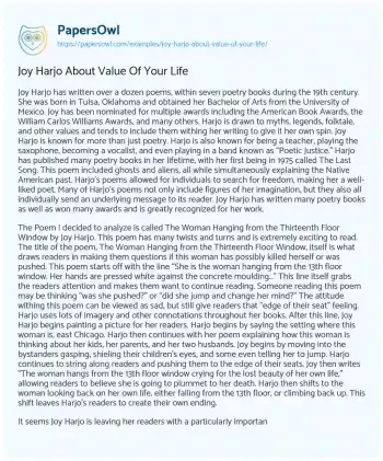 Essay on Joy Harjo about Value of your Life