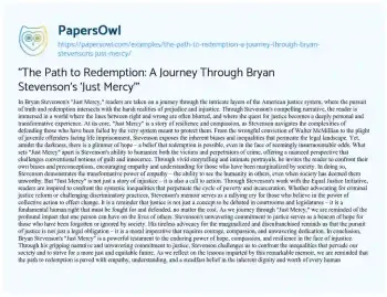 Essay on “The Path to Redemption: a Journey through Bryan Stevenson’s ‘Just Mercy'”