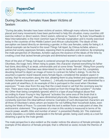 Essay on During Decades, Females have been Victims of Sexism