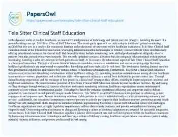 Essay on Tele Sitter Clinical Staff Education