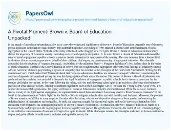 Essay on A Pivotal Moment: Brown V. Board of Education Unpacked