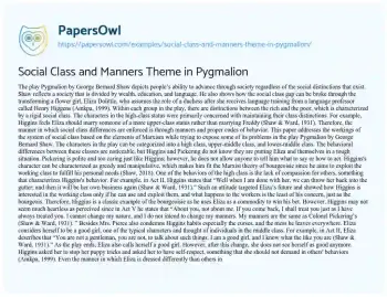 Essay on Social Class and Manners Theme in Pygmalion