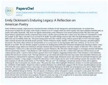 Essay on Emily Dickinson’s Enduring Legacy: a Reflection on American Poetry