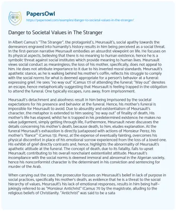 Essay on Danger to Societal Values in the Stranger