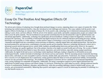 Essay on Essay on the Positive and Negative Effects of Technology