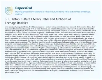 Essay on S. E. Hinton: Culture Literary Rebel and Architect of Teenage Realities