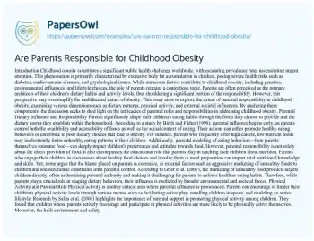 Essay on Are Parents Responsible for Childhood Obesity