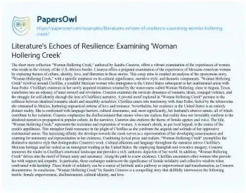 Essay on Literature’s Echoes of Resilience: Examining ‘Woman Hollering Creek’