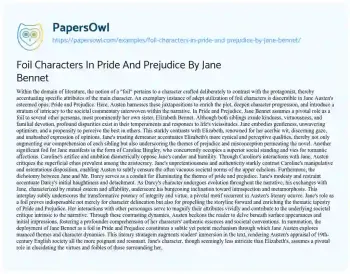 Essay on Foil Characters in Pride and Prejudice by Jane Bennet