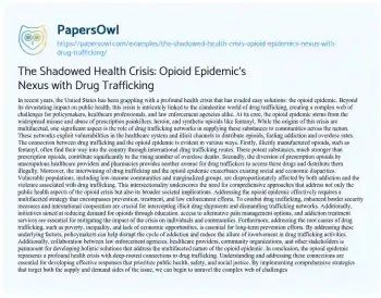 Essay on The Shadowed Health Crisis: Opioid Epidemic’s Nexus with Drug Trafficking