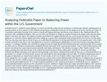 Essay on Analyzing Federalist Paper 51: Balancing Power Within the U.S. Government