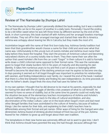 Essay on Review of the Namesake by Jhumpa Lahiri