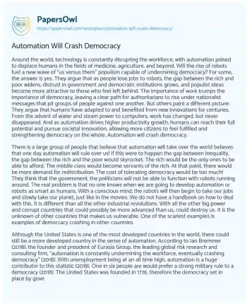 Essay on Automation Will Crash Democracy