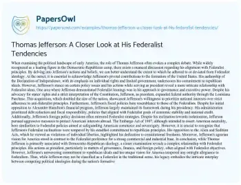 Essay on Thomas Jefferson: a Closer Look at his Federalist Tendencies