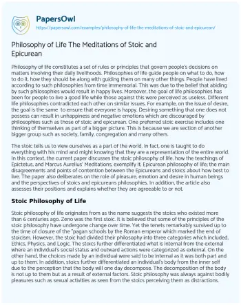 Essay on Philosophy of Life the Meditations of Stoic and Epicurean