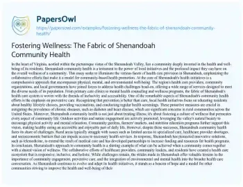 Essay on Fostering Wellness: the Fabric of Shenandoah Community Health