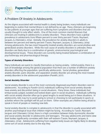 Essay on A Problem of Anxiety in Adolescents