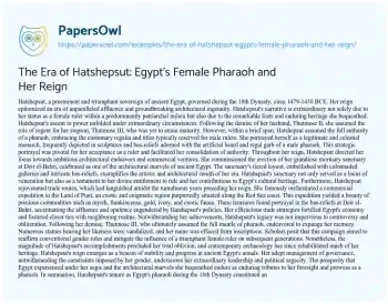 Essay on The Era of Hatshepsut: Egypt’s Female Pharaoh and her Reign