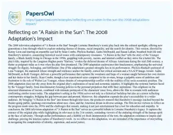 Essay on Reflecting on “A Raisin in the Sun”: the 2008 Adaptation’s Impact