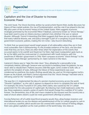 Essay on Capitalism and the Use of Disaster to Increase Economic Power