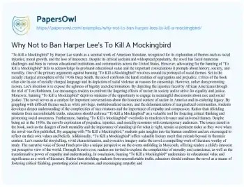 Essay on Why not to Ban Harper Lee’s to Kill a Mockingbird