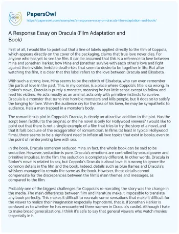 Essay on A Response Essay on Dracula (Film Adaptation and Book)