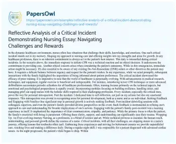 Essay on Reflective Analysis of a Critical Incident Demonstrating Nursing Essay: Navigating Challenges and Rewards