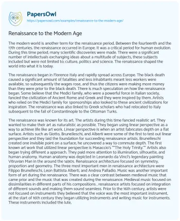 Essay on Renaissance to the Modern Age